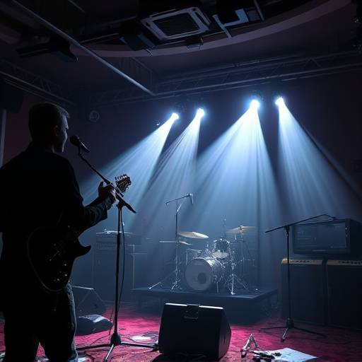 A band performing during a music video shoot, with dynamic lighting and soundproofing in effect.