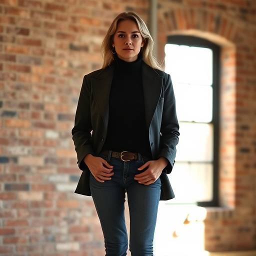 A fashion model posing against a brick wall in The Loft Studio, bathed in soft window light.