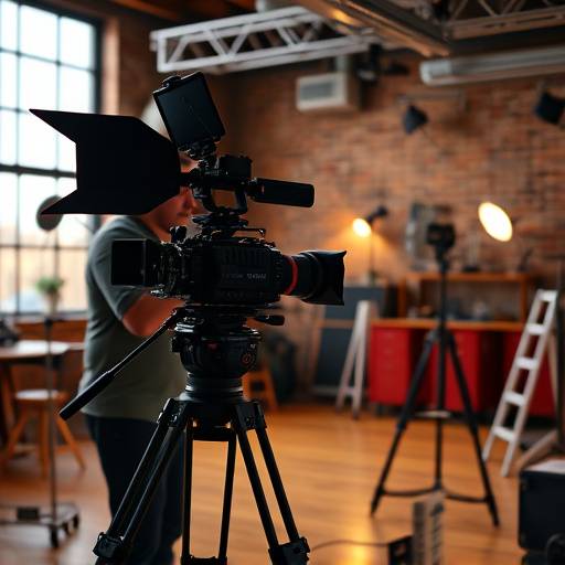 A filmmaker setting up equipment in The Loft Studio, demonstrating its suitability for video production.