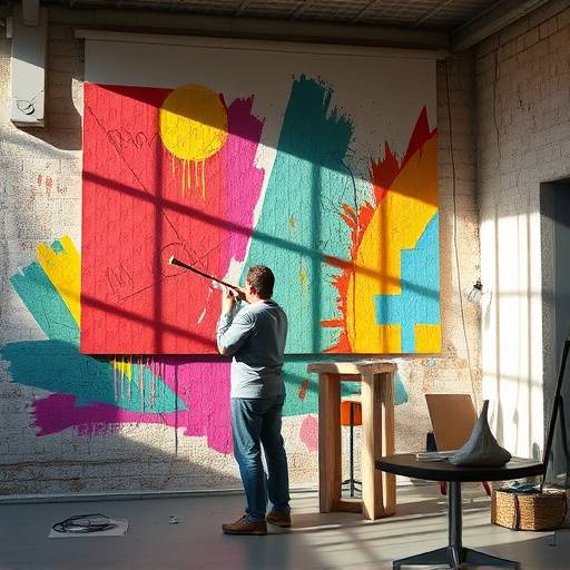 An artist working on a large-scale mural on a studio wall, bathed in natural light.