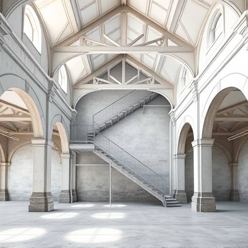 Architectural details of the minimalist studio showcasing its high ceilings and concrete floor.