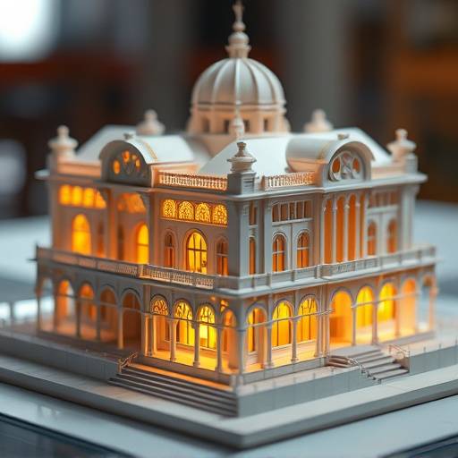 Architectural model with intricate details illuminated by focused lighting, Studio 3