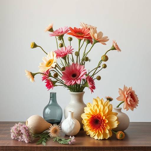 Artistic arrangement of flowers and abstract objects, showcasing creative styling in Studio Nova.