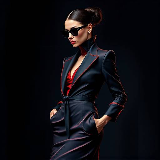 Avant-garde fashion ensemble with sharp lines and bold colors against a dark, moody background, Studio 2