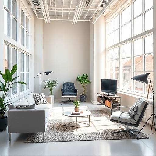 Bright and airy studio with large windows and modern furniture, perfect for portrait photography.