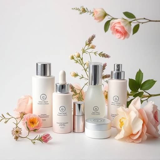 Cosmetic products arranged artfully with floral accents, Studio 3