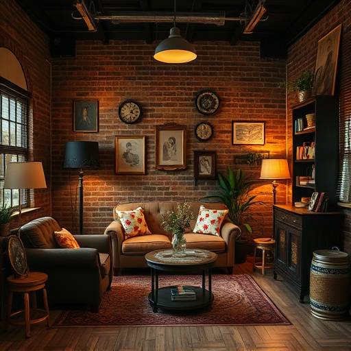 Cozy, vintage-inspired studio with warm lighting, exposed brick, and unique props.