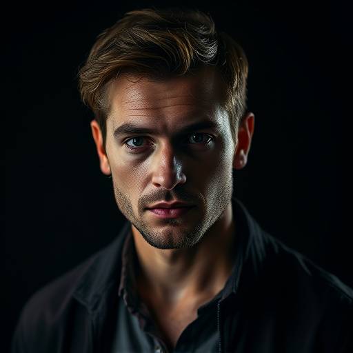 Dramatic portrait of an actor in character, lit with moody shadows, Studio 3
