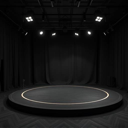 Dramatic studio with dark walls, professional lighting equipment, and a circular stage, suitable for music videos and intense editorial shoots.