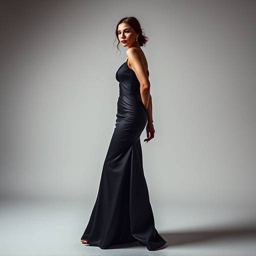 Editorial fashion spread featuring a model in a luxurious evening gown against a minimalist, chic background, Studio 3