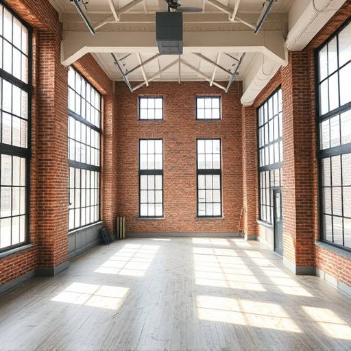 Expansive interior of The Loft Studio with exposed brick and large windows