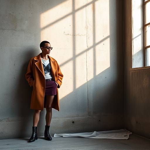 Fashion model posing against a concrete wall with diffused natural light in The Urban Scene Studio.