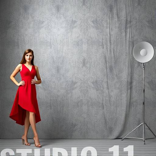 Fashion model wearing a flowing red dress against a textured grey backdrop, Studio 1