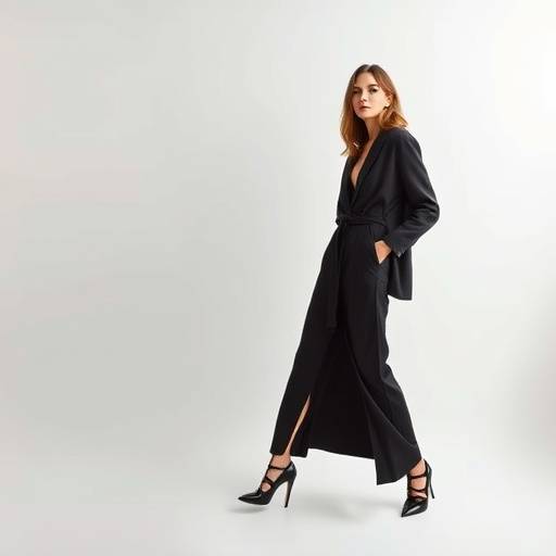Fashion photography with a model posing against a clean, neutral wall in the minimalist studio.