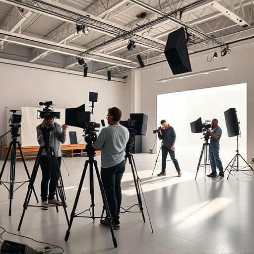 Filmmakers setting up lights and cameras in a large, open-plan studio space with high ceilings.