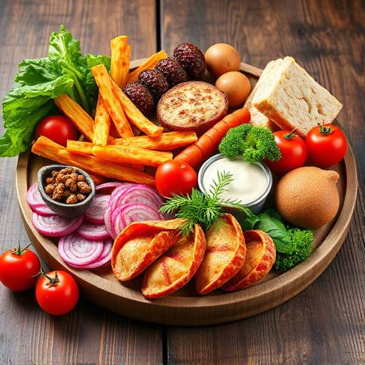 Gourmet food arrangement with vibrant colors and textures on a rustic wooden table, Studio 2