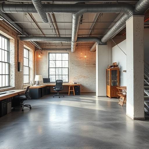 Interior shot of The Loft Studio highlighting the industrial design elements like exposed pipes and concrete floor.