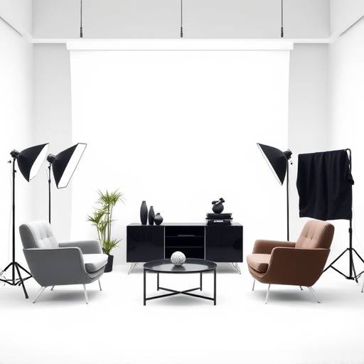 Minimalist studio setup for a product photoshoot with sleek furniture and a white backdrop.