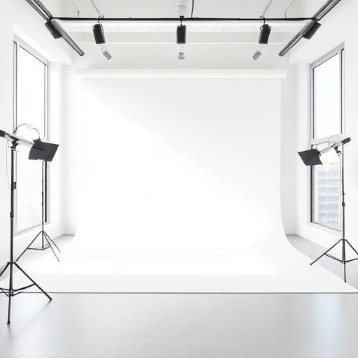 Modern, minimalist photography studio with large windows and white seamless backdrop.