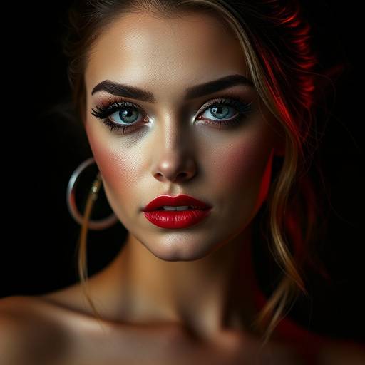 Portrait of a model with striking makeup and dramatic lighting, captured in Studio Umbra.
