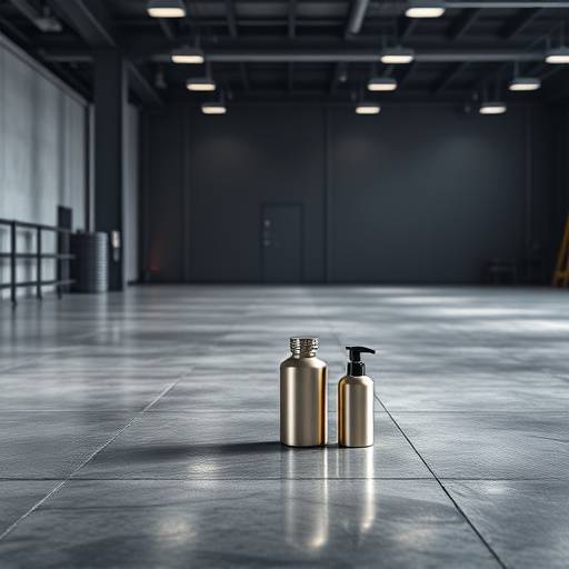 Product photography setup with industrial lighting and a sleek product displayed on a polished concrete floor.