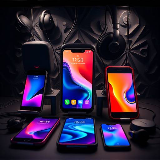 Sleek electronics like smartphones and headphones displayed artistically, Studio 1