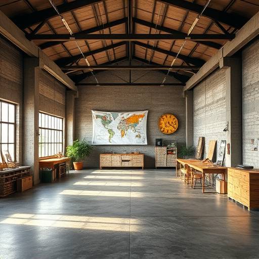 Spacious, industrial-chic studio with high ceilings, concrete floors, and a cycloramic wall.