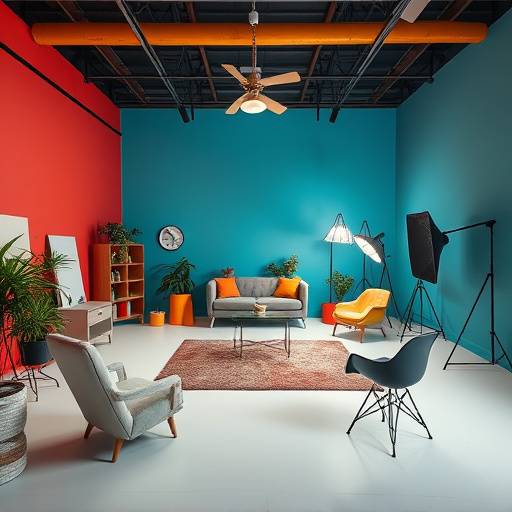 Versatile studio with customizable colored walls, movable props, and flexible seating, ideal for conceptual shoots and workshops.