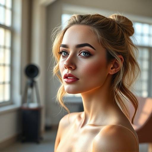 Young woman with artistic makeup posing in a sunlit studio with large windows, Studio 1